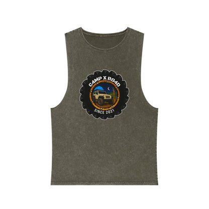 C4MPXRO4D Camper Badge Tank Top | stonewash black, retro stencil logo