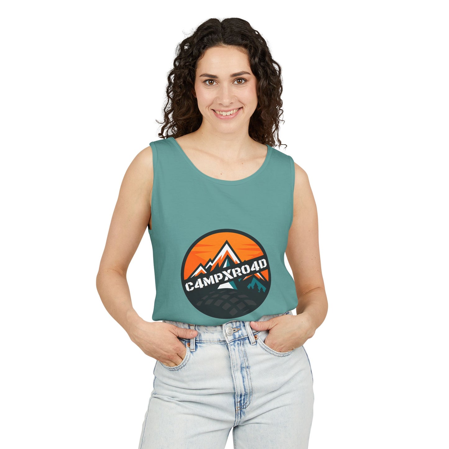 C4MPXRO4D Rounded Shield Camper Badge Tank Top | Graphic camping text tee