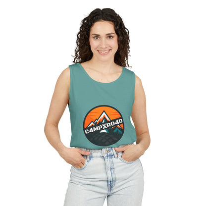 C4MPXRO4D Rounded Shield Camper Badge Tank Top | Graphic camping text tee