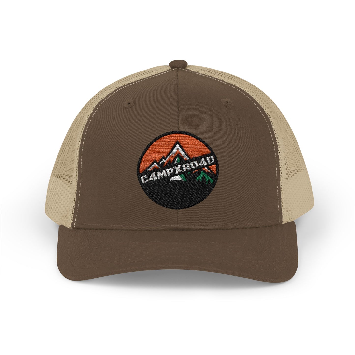 C4MPXRO4D Rounded Shield Camper Badge Cap | Trucker Snapback Mesh Hat