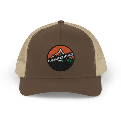 C4MPXRO4D Rounded Shield Camper Badge Cap | Trucker Snapback Mesh Hat
