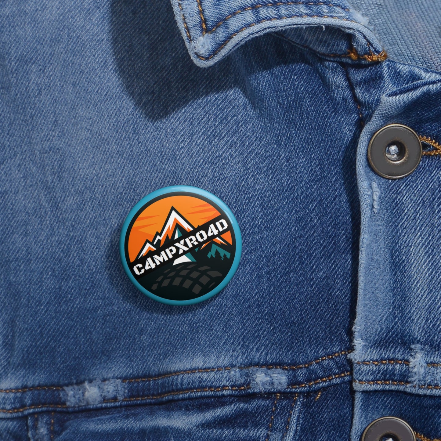 C4MPXRO4D Rounded Shield Camper Badge Pin Button | Custom Round Badge, Black Logo Button