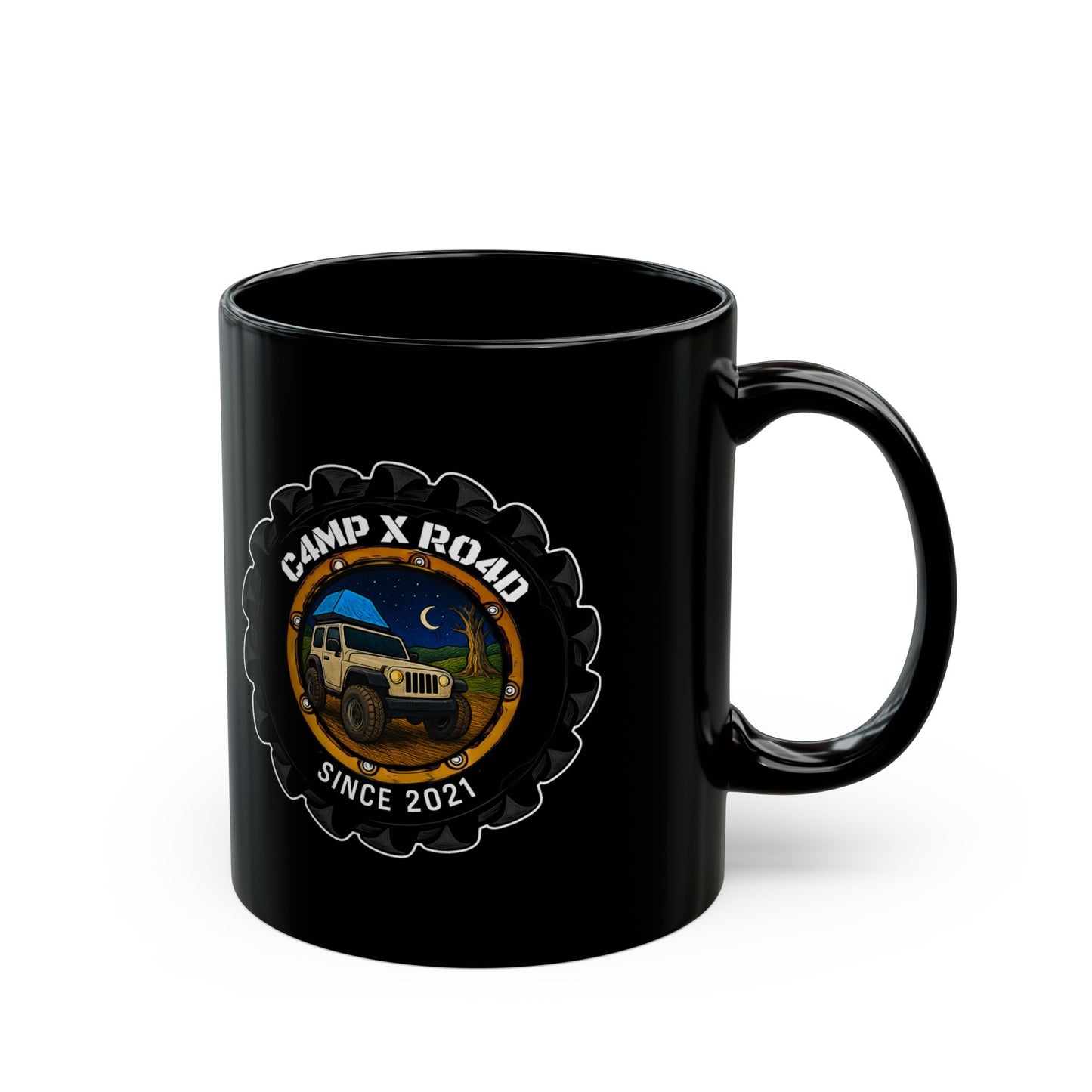 C4MPXRO4D Camper Badge Mug | Black Ceramic Coffee Mug