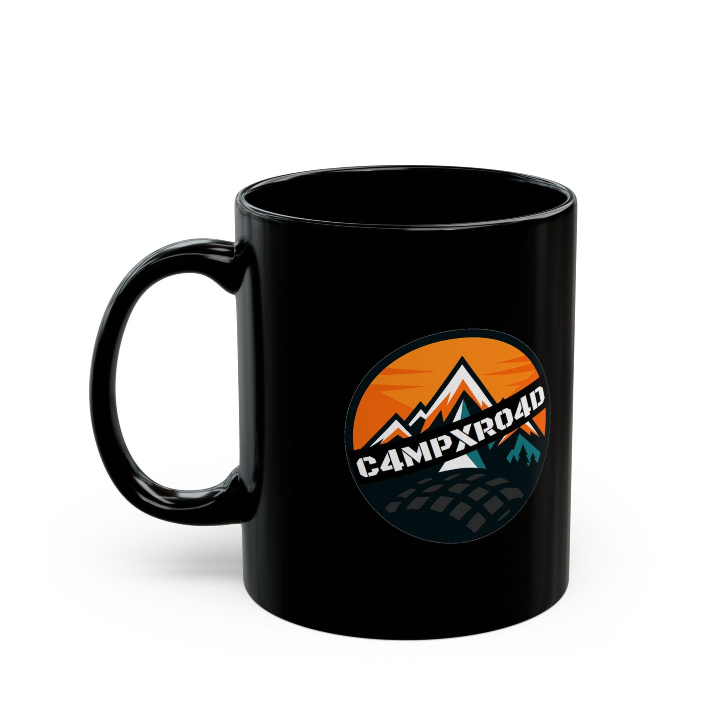 C4MPXRO4D Rounded Shield Camper Badge Mug | Black Ceramic Coffee Mug