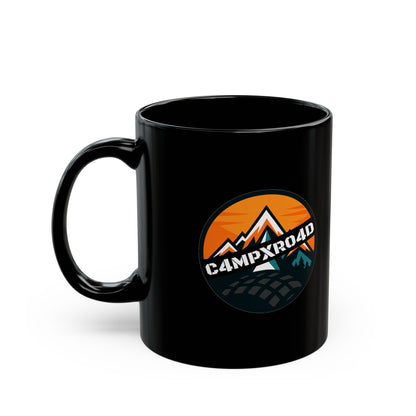 C4MPXRO4D Rounded Shield Camper Badge Mug | Black Ceramic Coffee Mug