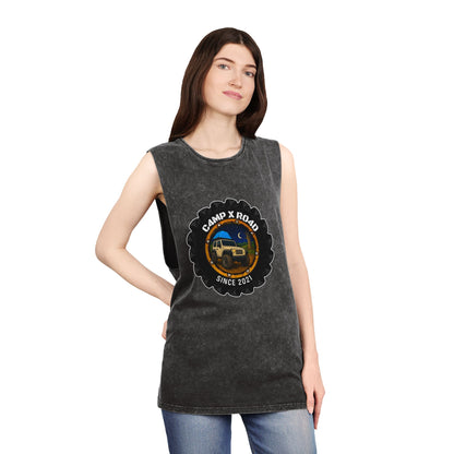 C4MPXRO4D Camper Badge Tank Top | stonewash black, retro stencil logo