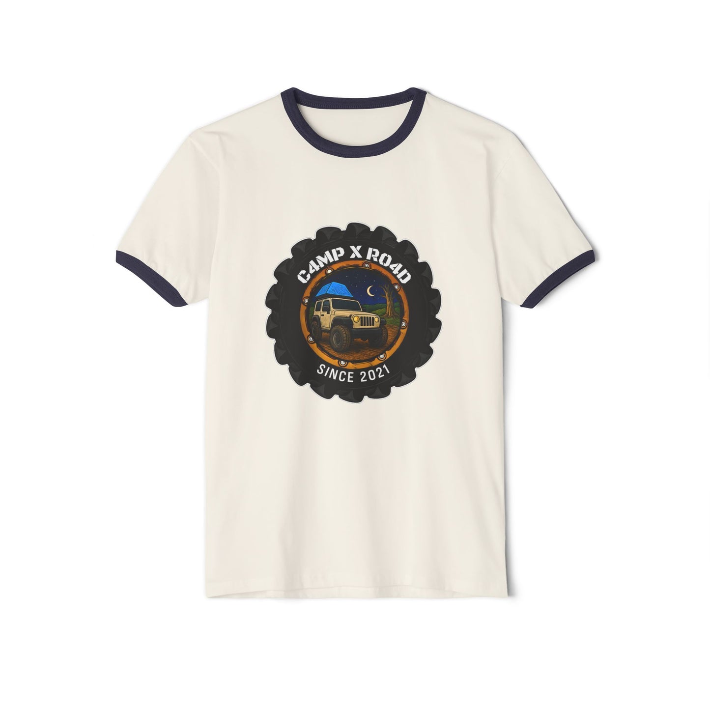 C4MPXRO4D Camper Badge T-Shirt | ringer style