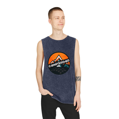 C4MPXRO4D Rounded Shield Camper Badge Tank Top | stonewash black, retro stencil logo