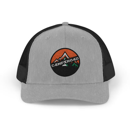 C4MPXRO4D Rounded Shield Camper Badge Cap | Trucker Snapback Mesh Hat