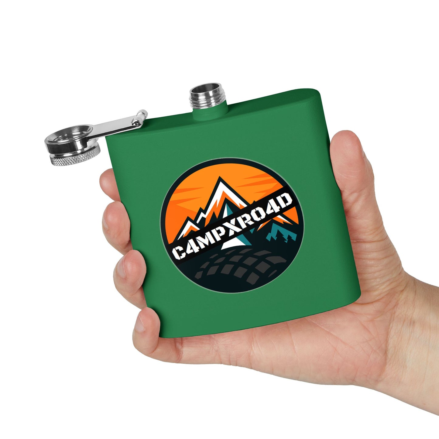 C4MPXRO4D Rounded Shield Camper Badge Flask