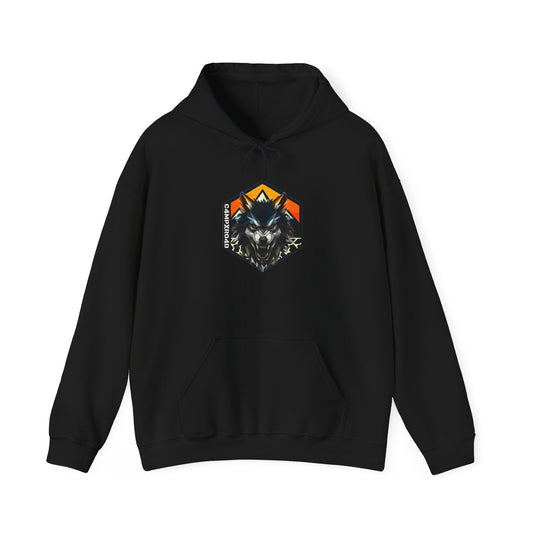 C4MPXRO4D Wolf Shield Camper Badge Hoodie | Black streetwear graphic sweatshirt