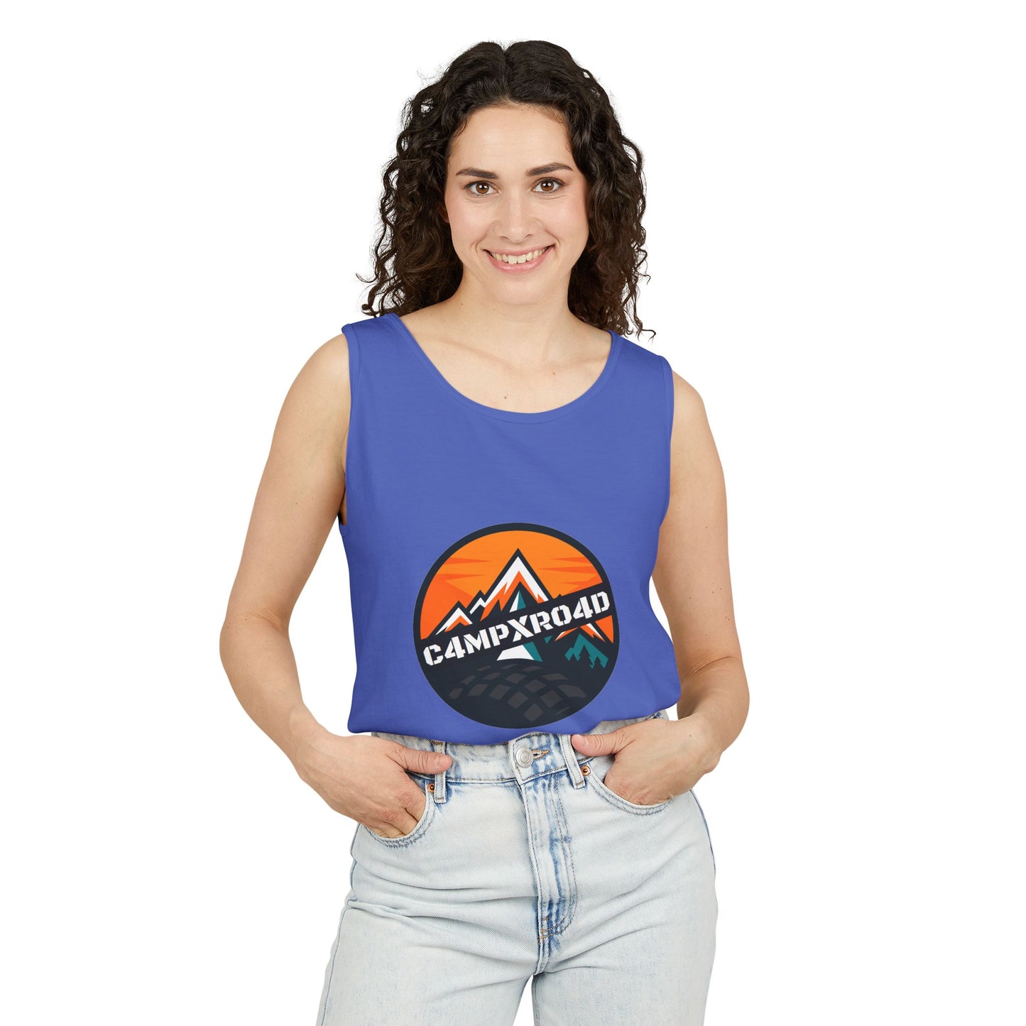 C4MPXRO4D Rounded Shield Camper Badge Tank Top | Graphic camping text tee