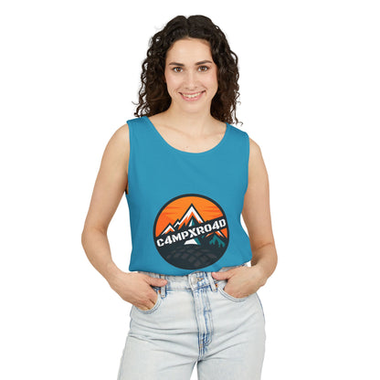 C4MPXRO4D Rounded Shield Camper Badge Tank Top | Graphic camping text tee
