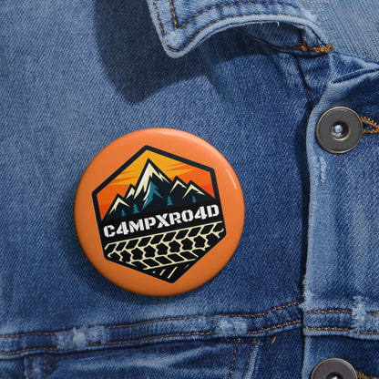 C4MPXRO4D Hexa Shield Camper Badge Pin Button | Custom Round Badge, Black Logo Button