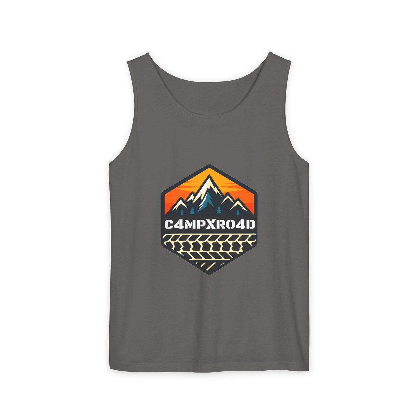 C4MPXRO4D Hexa Shield Camper Badge Tank Top | Graphic camping text tee
