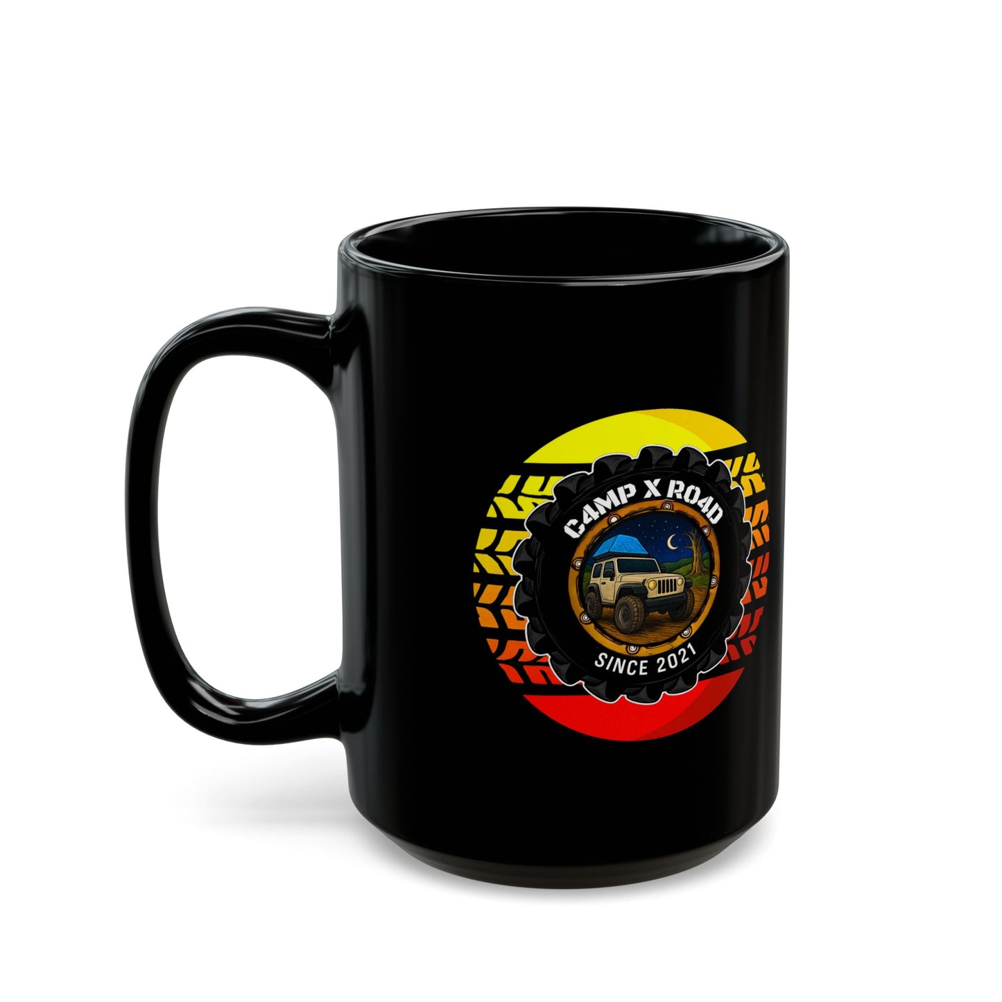 C4MPXRO4D Summer Camper Badge Mug | Black Ceramic Coffee Mug