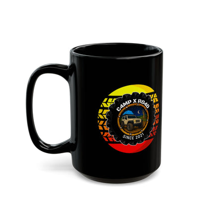 C4MPXRO4D Summer Camper Badge Mug | Black Ceramic Coffee Mug