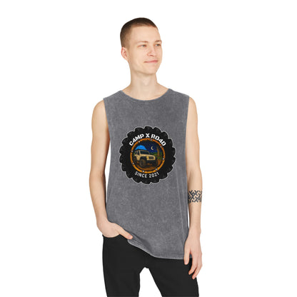 C4MPXRO4D Camper Badge Tank Top | stonewash black, retro stencil logo