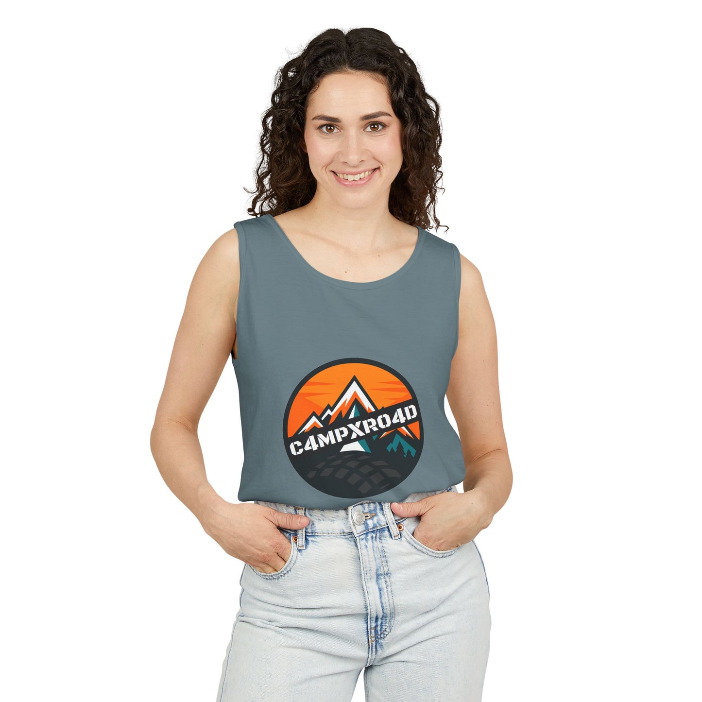 C4MPXRO4D Rounded Shield Camper Badge Tank Top | Graphic camping text tee