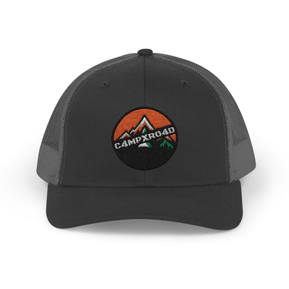 C4MPXRO4D Rounded Shield Camper Badge Cap | Trucker Snapback Mesh Hat