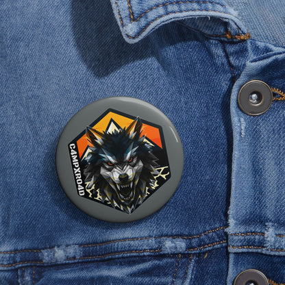 C4MPXRO4D Wolf Shield Camper Badge Pin Button | Custom Round Badge, Black Logo Button
