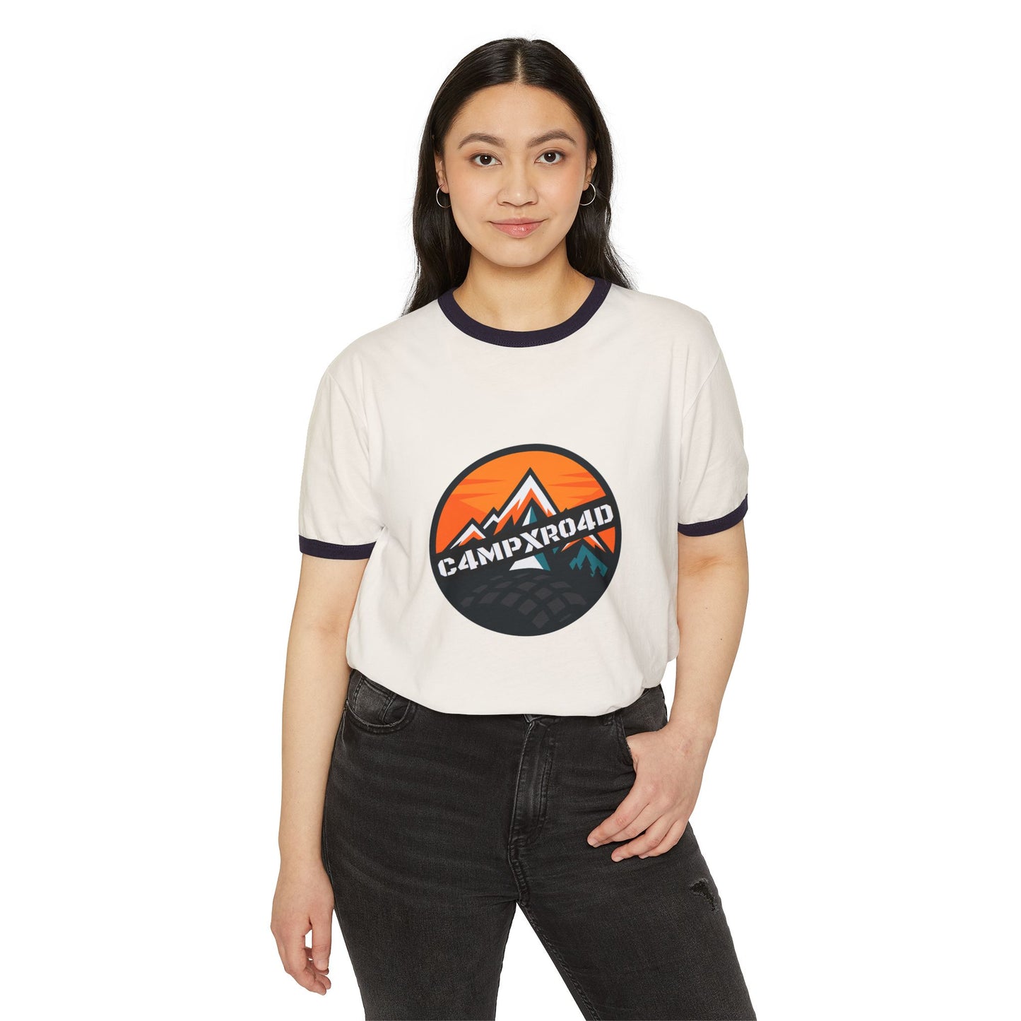 C4MPXRO4D Rounded Shield Camper Badge T-Shirt | ringer style