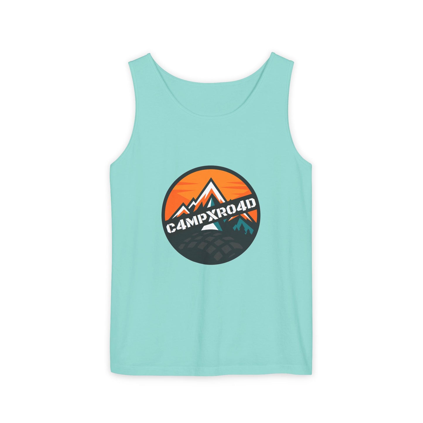 C4MPXRO4D Rounded Shield Camper Badge Tank Top | Graphic camping text tee