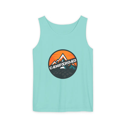 C4MPXRO4D Rounded Shield Camper Badge Tank Top | Graphic camping text tee