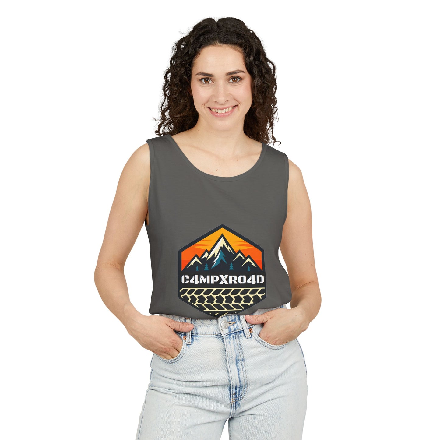 C4MPXRO4D Hexa Shield Camper Badge Tank Top | Graphic camping text tee