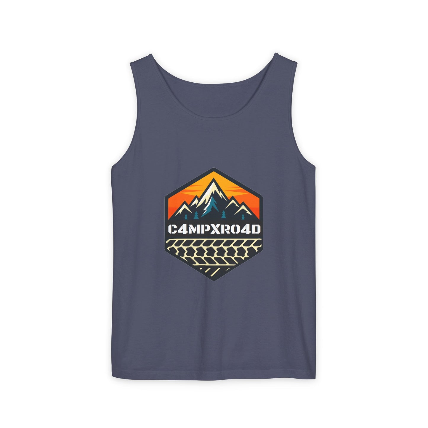 C4MPXRO4D Hexa Shield Camper Badge Tank Top | Graphic camping text tee