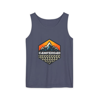 C4MPXRO4D Hexa Shield Camper Badge Tank Top | Graphic camping text tee