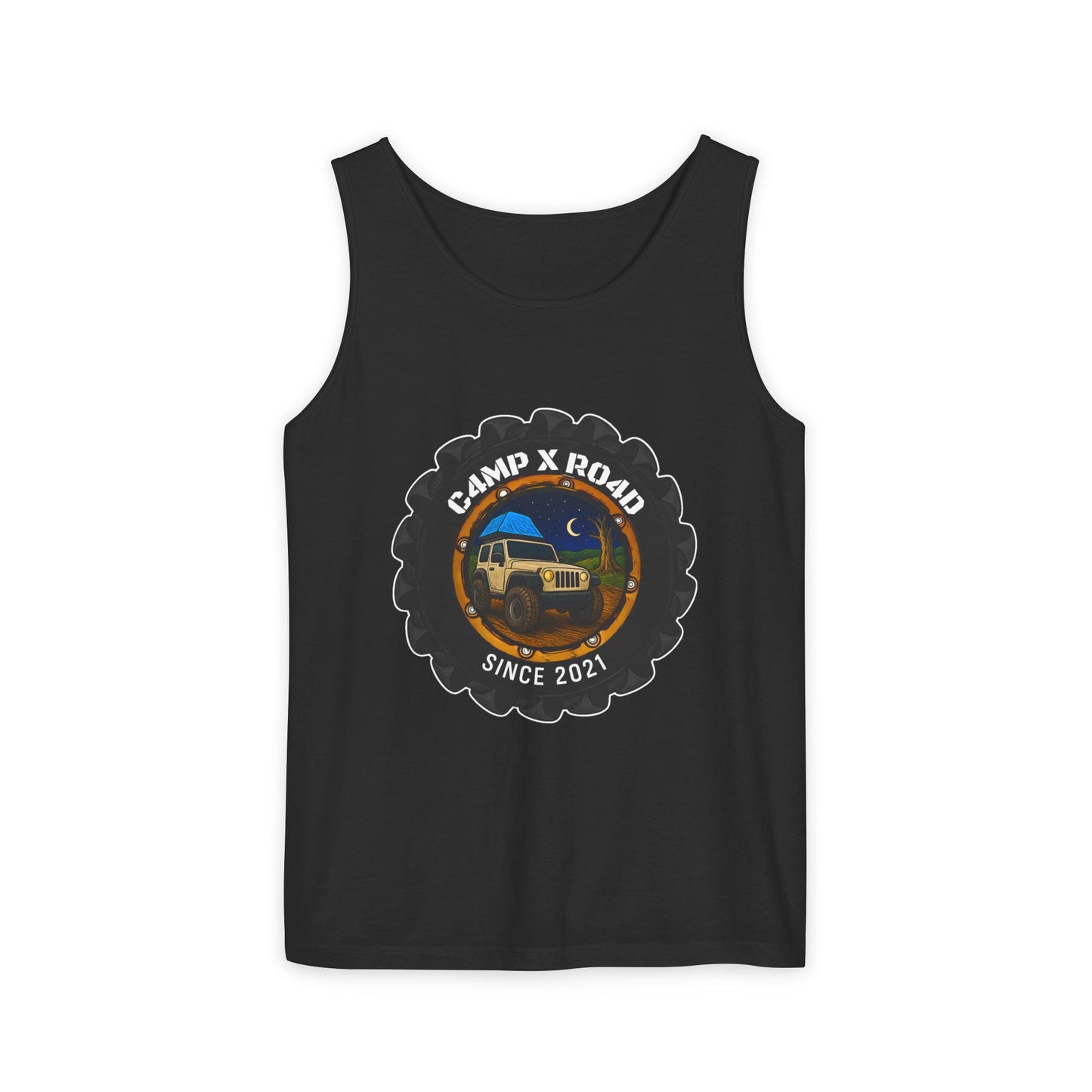 C4MPXRO4D Camper Badge Tank Top | Graphic camping text tee