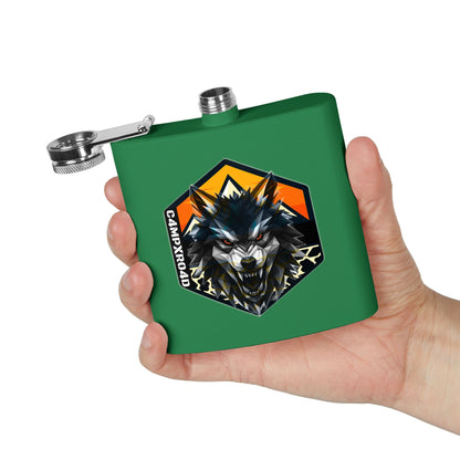 C4MPXRO4D Wolf Shield Camper Badge Flask