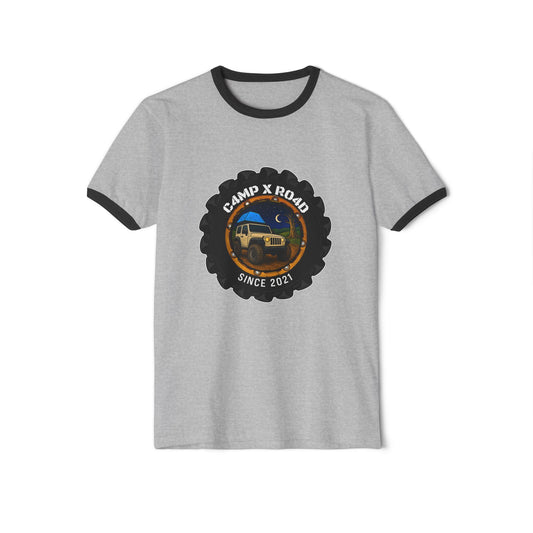 C4MPXRO4D Camper Badge T-Shirt | ringer style