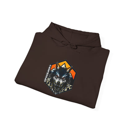 C4MPXRO4D Wolf Shield Camper Badge Hoodie | Black streetwear graphic sweatshirt