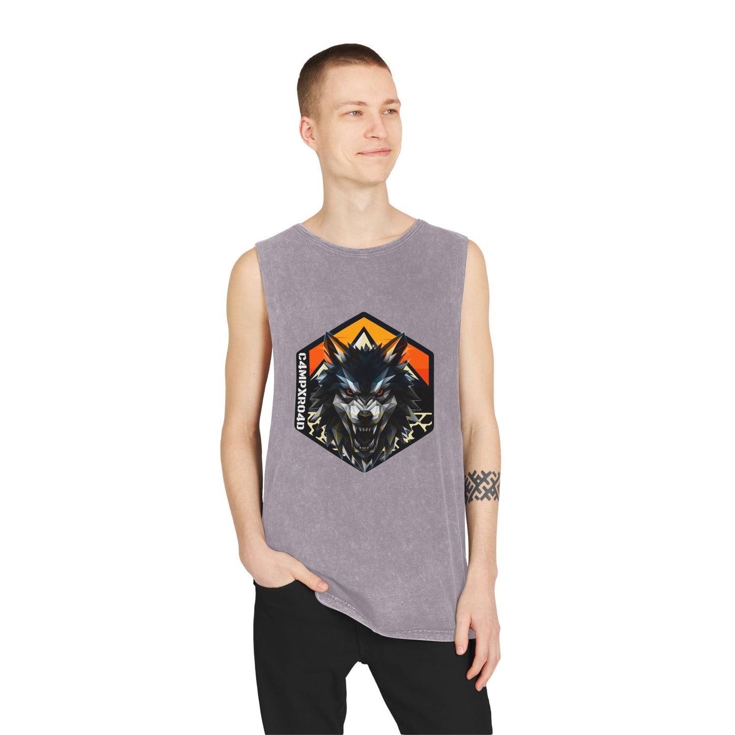 C4MPXRO4D Wolf Shield Camper Badge Tank Top | stonewash black, retro stencil logo