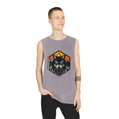 C4MPXRO4D Wolf Shield Camper Badge Tank Top | stonewash black, retro stencil logo