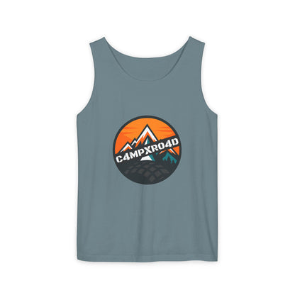C4MPXRO4D Rounded Shield Camper Badge Tank Top | Graphic camping text tee