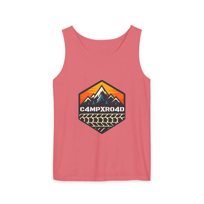 C4MPXRO4D Hexa Shield Camper Badge Tank Top | Graphic camping text tee