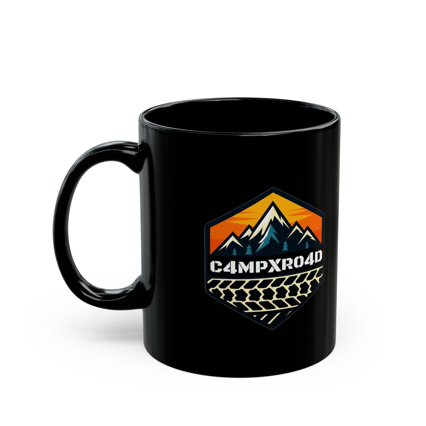C4MPXRO4D Hexa Shield Camper Badge Mug | Black Ceramic Coffee Mug