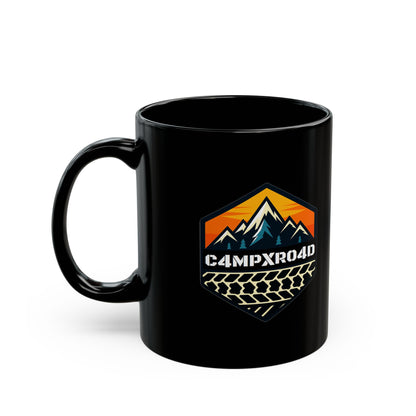 C4MPXRO4D Hexa Shield Camper Badge Mug | Black Ceramic Coffee Mug