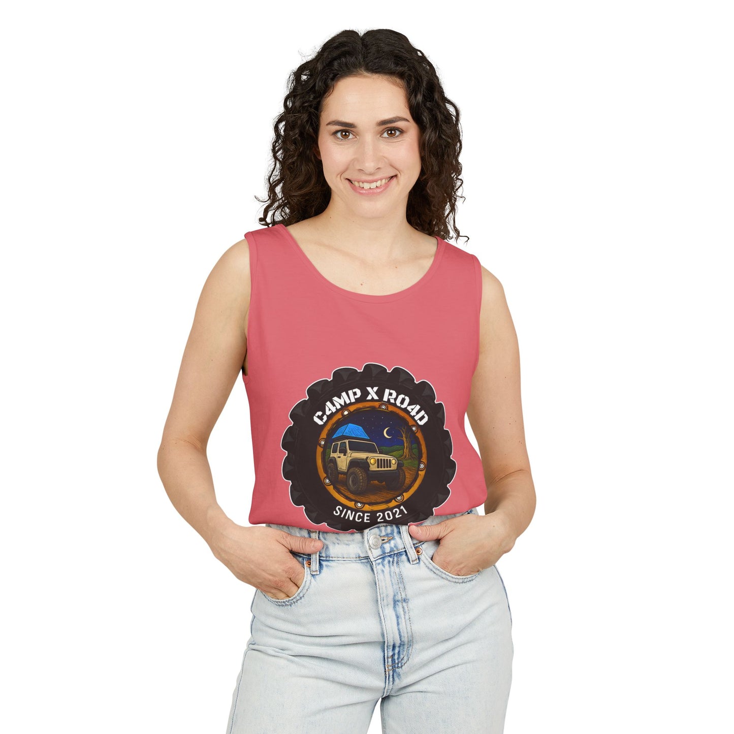 C4MPXRO4D Camper Badge Tank Top | Graphic camping text tee