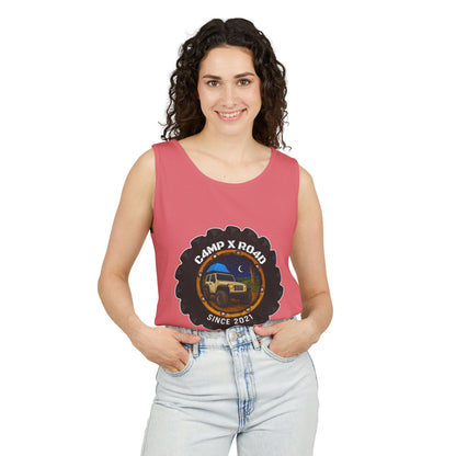 C4MPXRO4D Camper Badge Tank Top | Graphic camping text tee