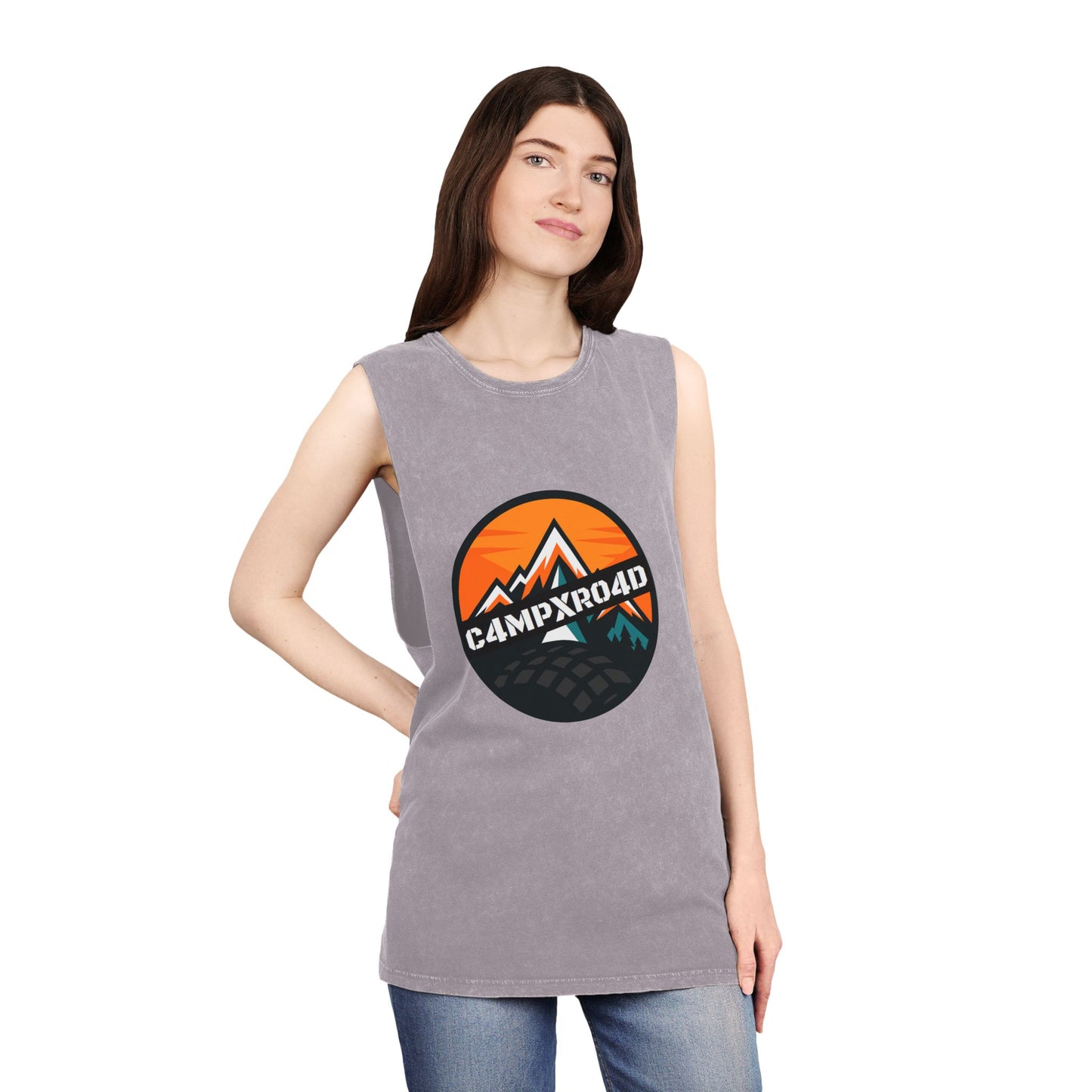 C4MPXRO4D Rounded Shield Camper Badge Tank Top | stonewash black, retro stencil logo