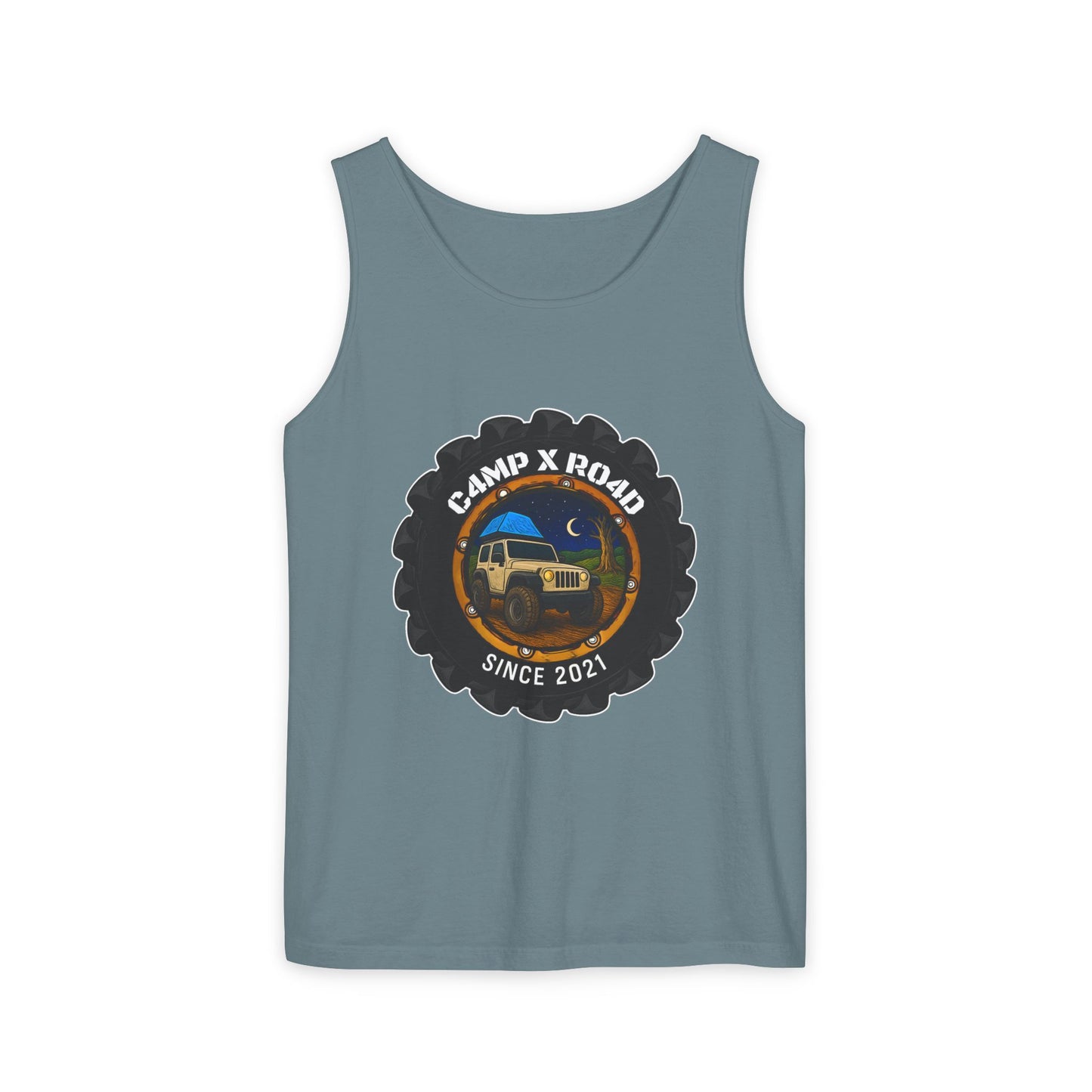 C4MPXRO4D Camper Badge Tank Top | Graphic camping text tee