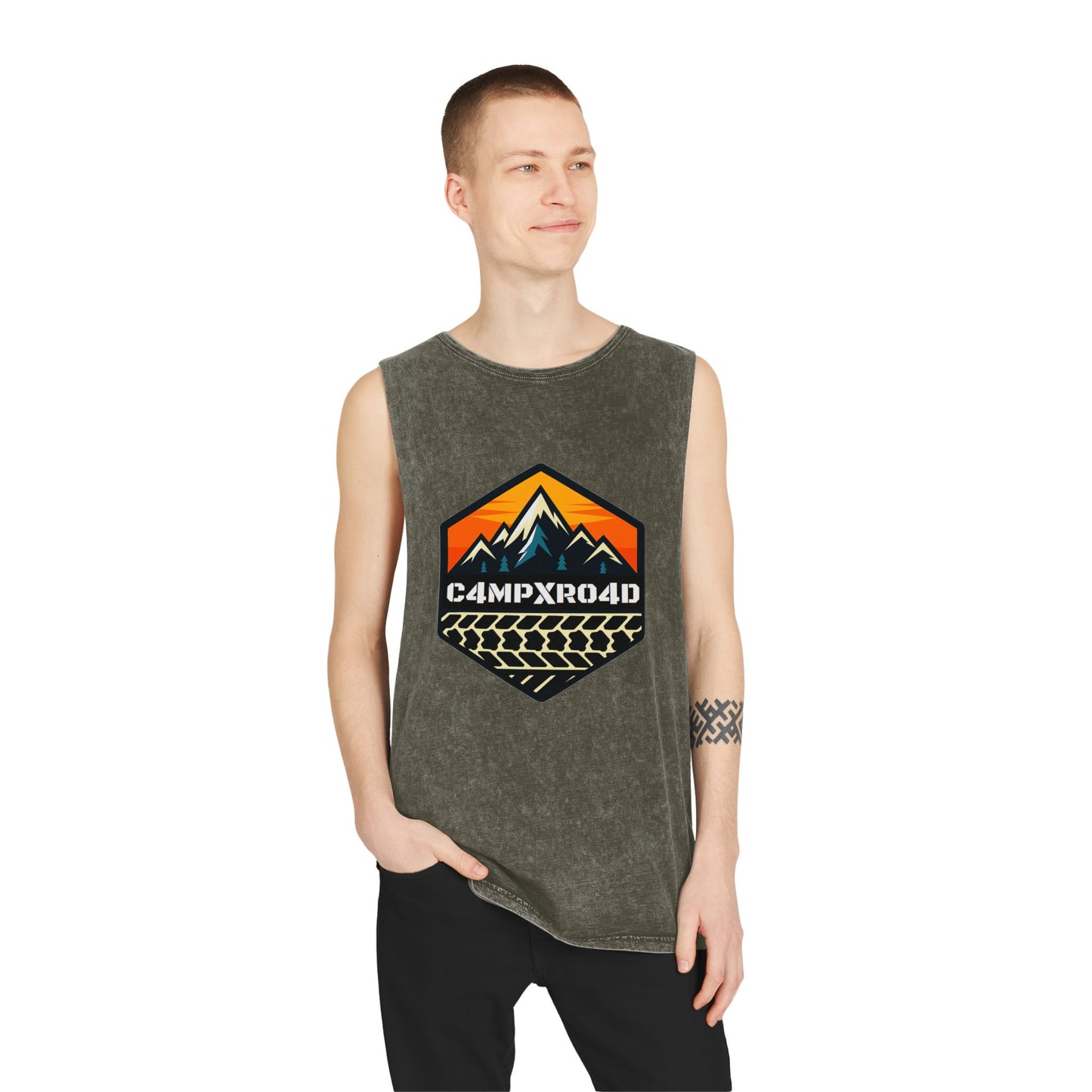 C4MPXRO4D Hexa Shield Camper Badge Tank Top | stonewash black, retro stencil logo