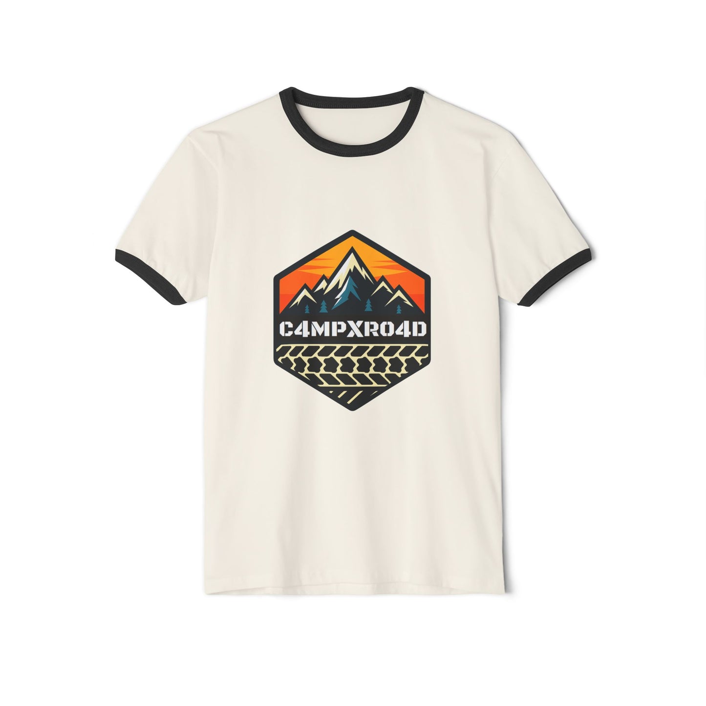 C4MPXRO4D Hexa Shield Camper Badge T-Shirt | ringer style