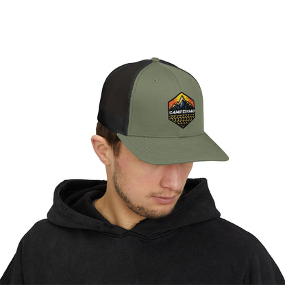 C4MPXRO4D Hexa Shield Camper Badge Cap | Trucker Snapback Mesh Hat