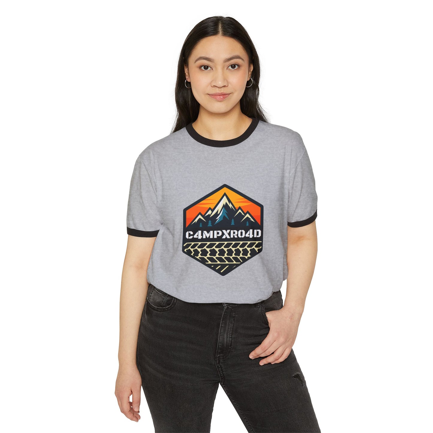 C4MPXRO4D Hexa Shield Camper Badge T-Shirt | ringer style