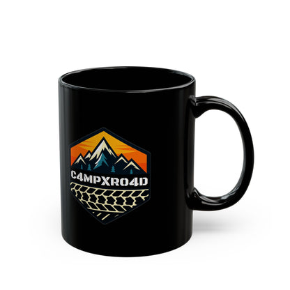 C4MPXRO4D Hexa Shield Camper Badge Mug | Black Ceramic Coffee Mug